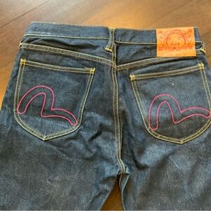 *Sold(traded)*Evisu Dark Blue Boyfriend Jeans with Pink Stitching RARE FIND